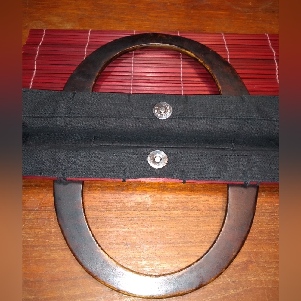 Asian Inspired Burgundy Bamboo-Look Handbag, 2 Lucite Handles, Snap Clos… - Picture 5 of 9